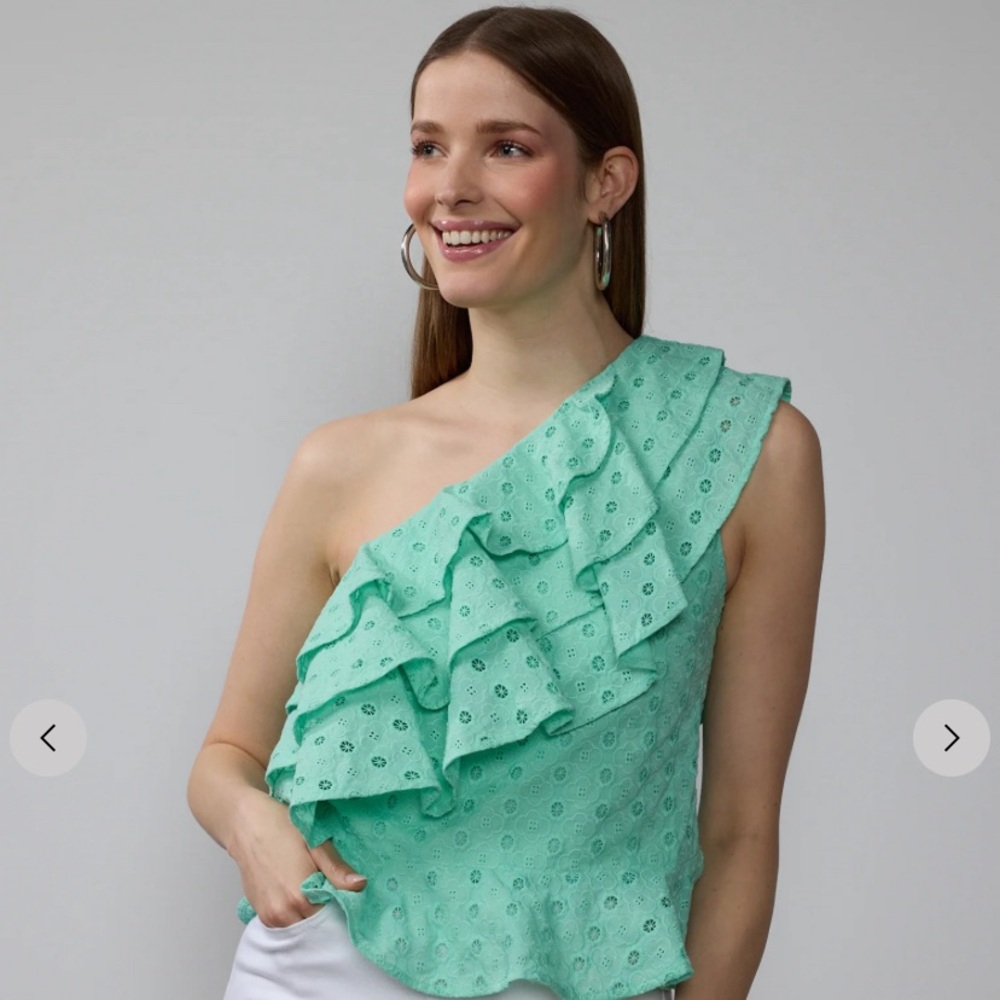 One Shoulder Eyelet Ruffle Tank Top